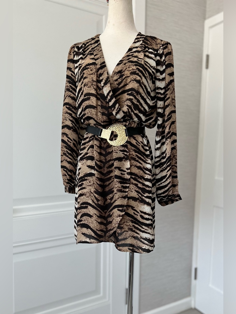 VENUS Long-Sleeve Animal Print Wrap Dress in Black & Brown